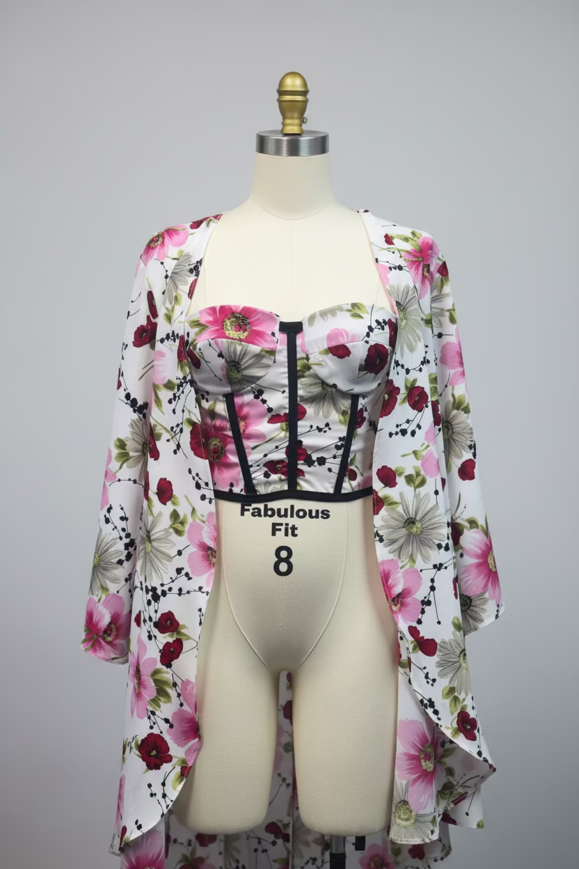Silky soft kimono robe and corset top set, ideal for loungewear. The robe is beautifully adorned with a vibrant floral pattern, featuring large, colorful blooms that add a touch of elegance.